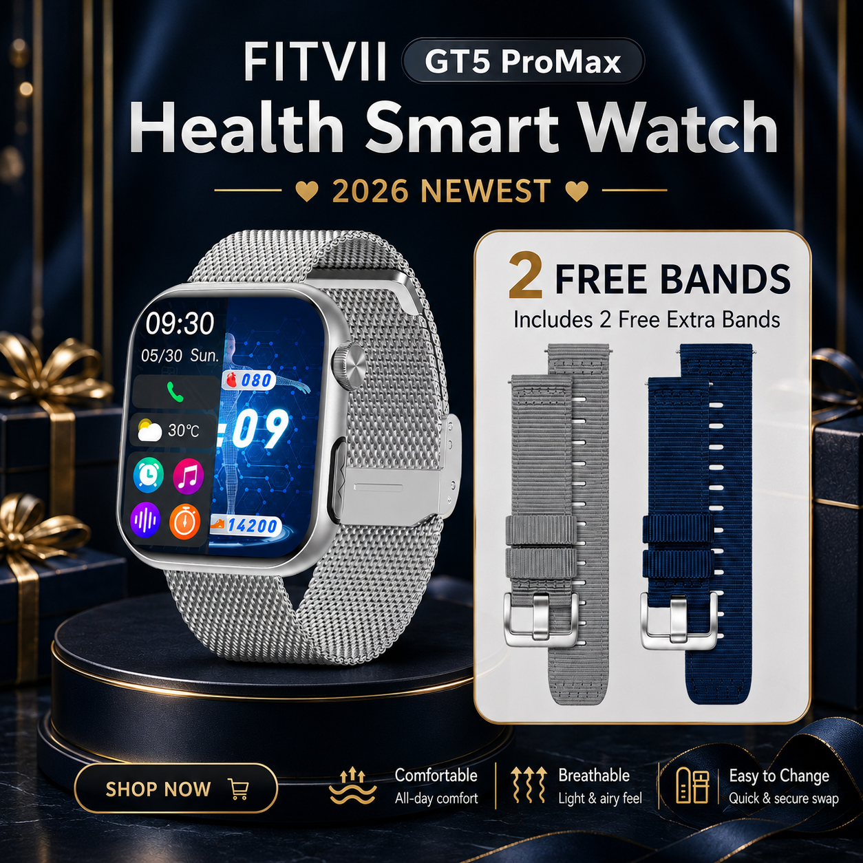Upgrade FITVII® GT5 Pro Max Blood Pressure Smartwatch with EKG, Glucose Trends, HRV, SpO₂, Sleep & More