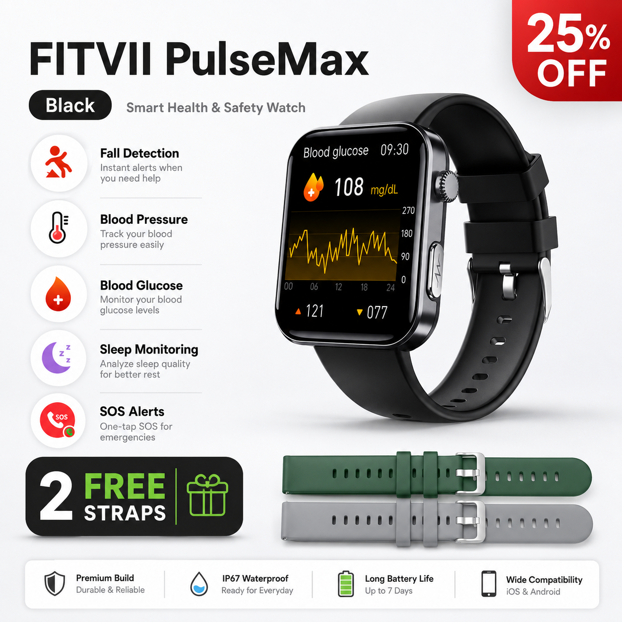 FitVII Pulse Max Smart Watch With Fall Detection Blood Glucose Blood Presssure Monitoring+Calls -🎁Free Straps