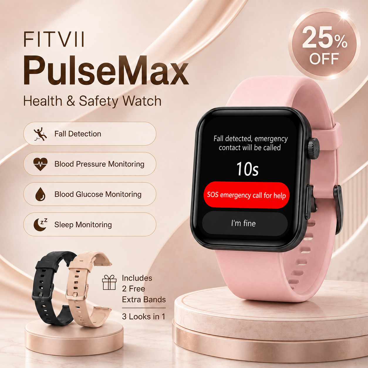 FitVII Pulse Max Smart Watch With Fall Detection Blood Glucose Blood Presssure Monitoring+Calls -🎁Free Straps