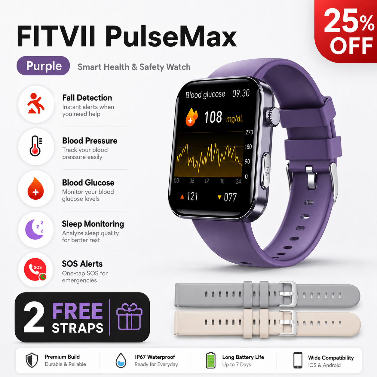 FitVII Pulse Max Smart Watch With Fall Detection Blood Glucose Blood Presssure Monitoring+Calls -🎁Free Straps