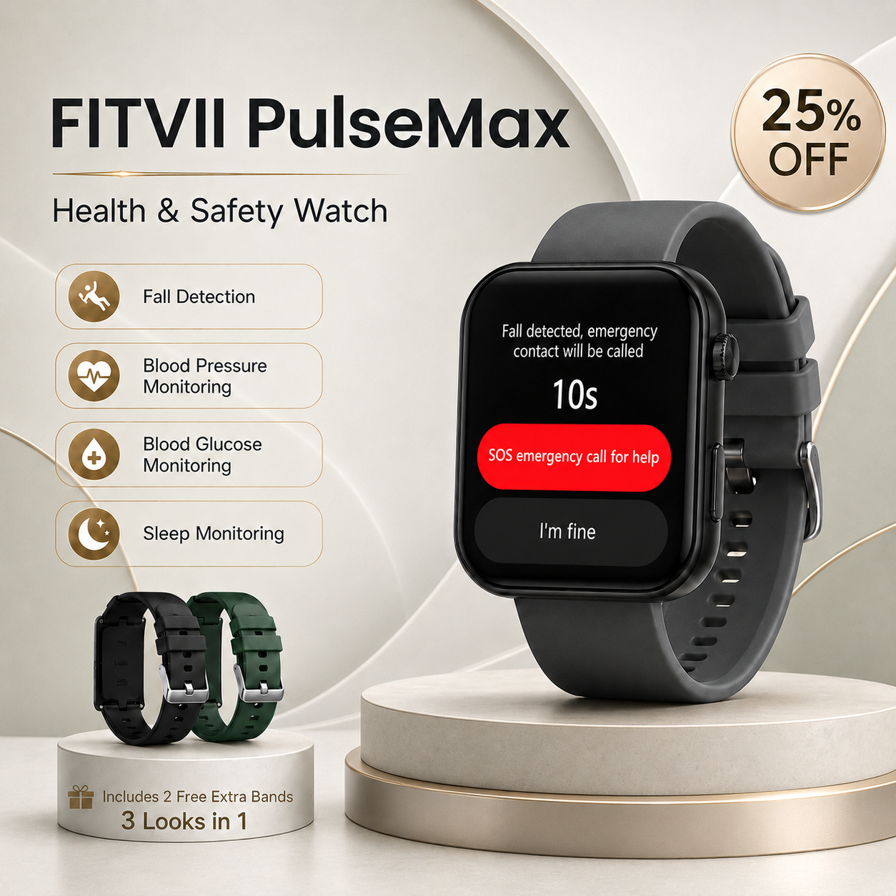 FitVII Pulse Max Smart Watch With Fall Detection Blood Glucose Blood Presssure Monitoring+Calls -🎁Free Straps