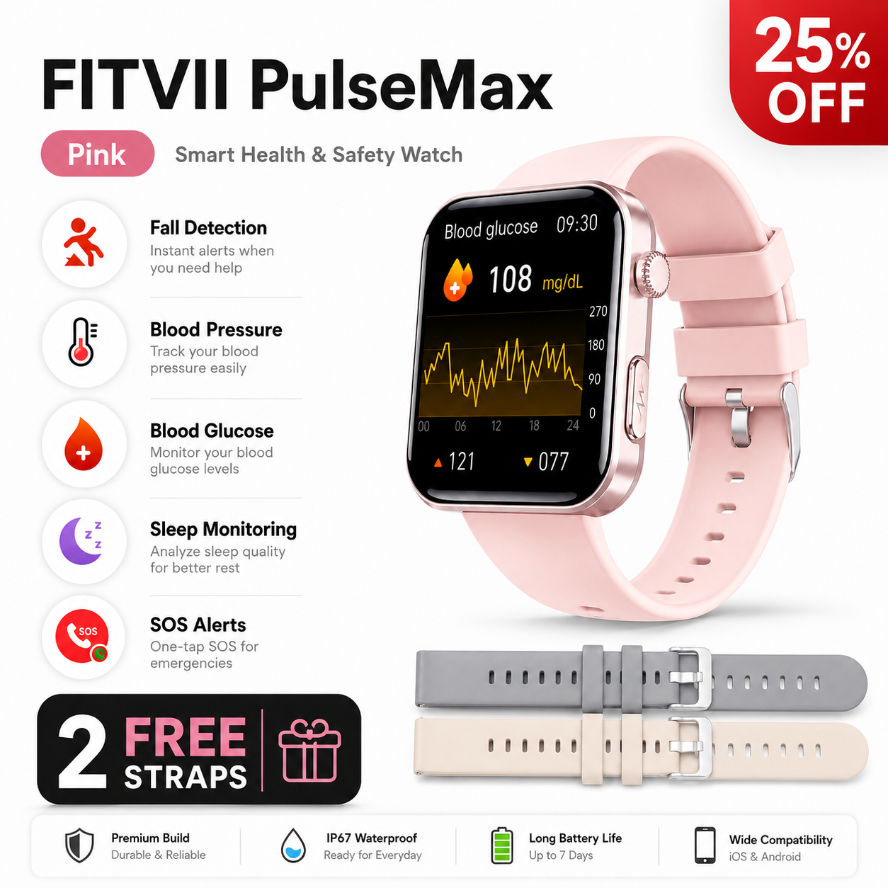 FitVII Pulse Max Smart Watch With Fall Detection Blood Glucose Blood Presssure Monitoring+Calls -🎁Free Straps