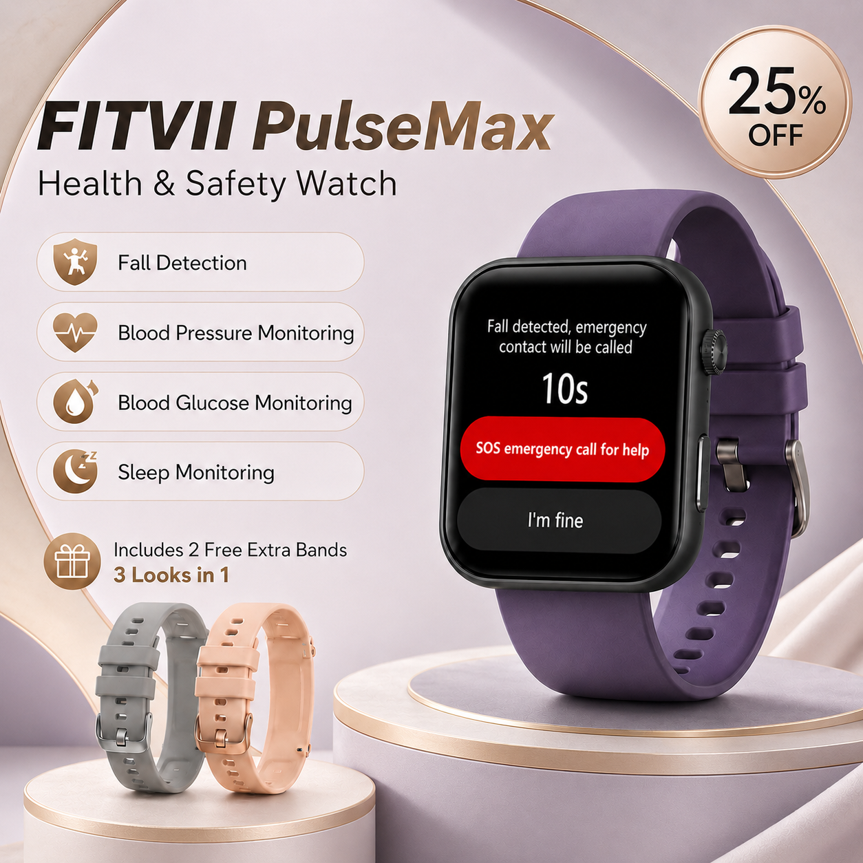 FitVII Pulse Max Smart Watch With Fall Detection Blood Glucose Blood Presssure Monitoring+Calls -🎁Free Straps