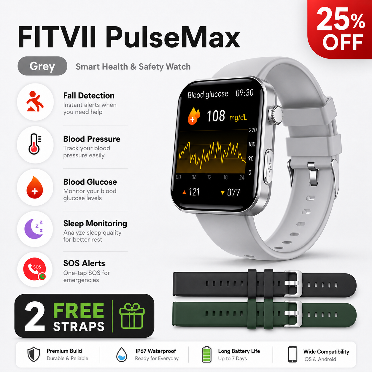 FitVII Pulse Max Smart Watch With Fall Detection Blood Glucose Blood Presssure Monitoring+Calls -🎁Free Straps