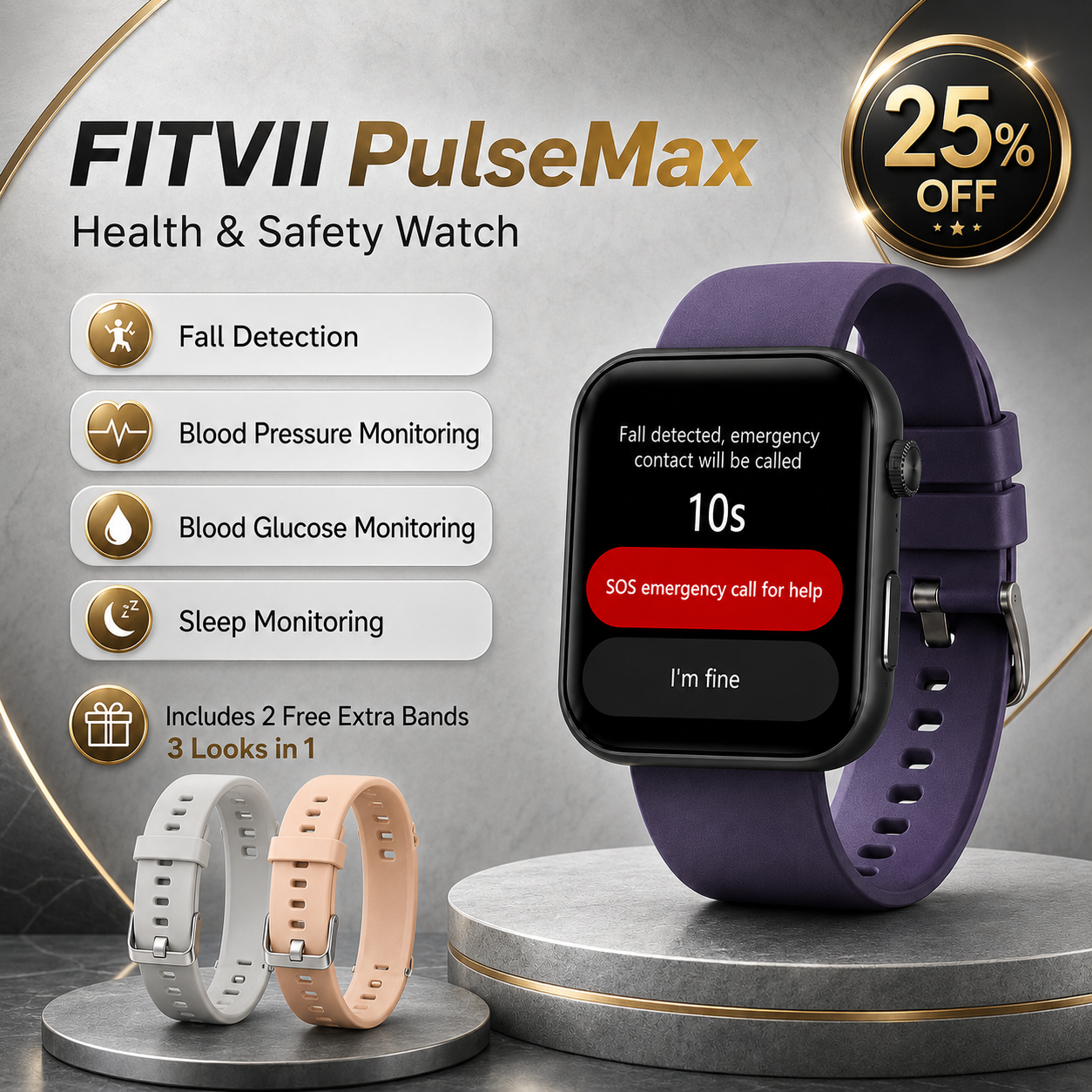 FitVII Pulse Max Smart Watch With Fall Detection Blood Glucose Blood Presssure Monitoring+Calls -🎁Free Straps