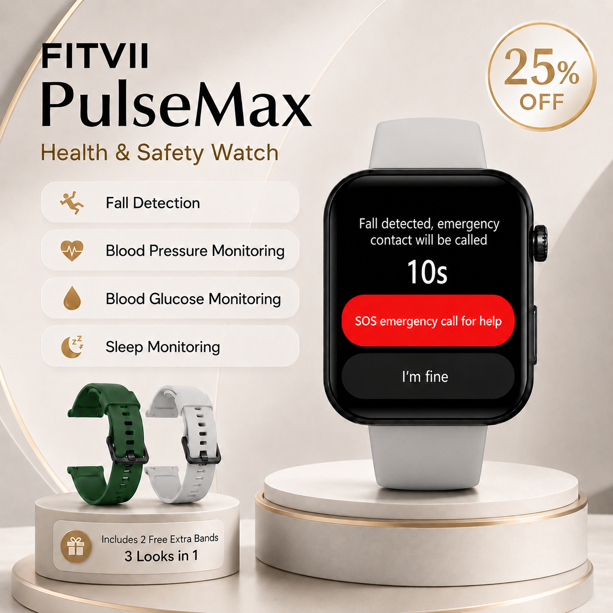 FitVII Pulse Max Smart Watch With Fall Detection Blood Glucose Blood Presssure Monitoring+Calls -🎁Free Straps