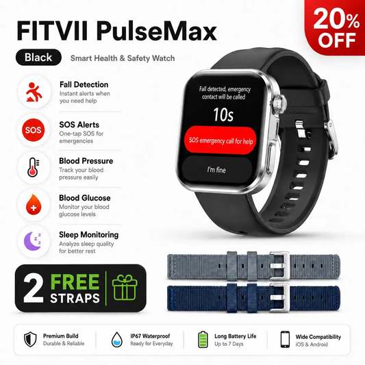Black FITVII PulseMax smart health & safety watch with a black strap, shown on a white background with feature callouts, a 20% off badge, and two included straps in gray and navy.