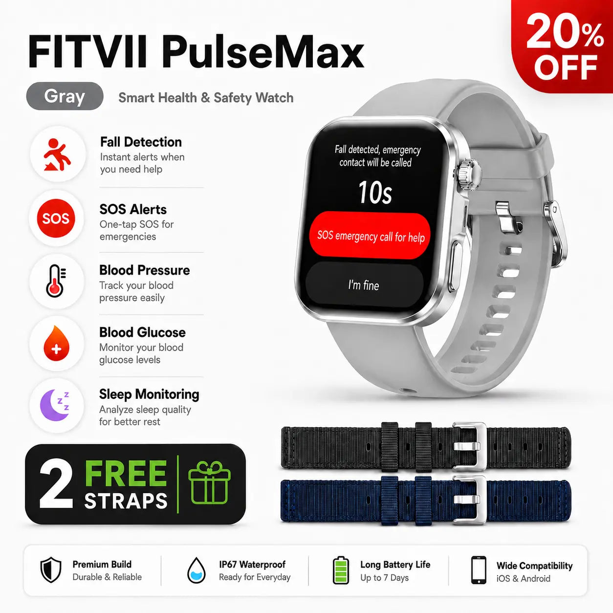 Gray smart health and safety watch with a light gray band, shown on a white background with feature icons, a '20% OFF' badge, two additional strap color options, and product text.