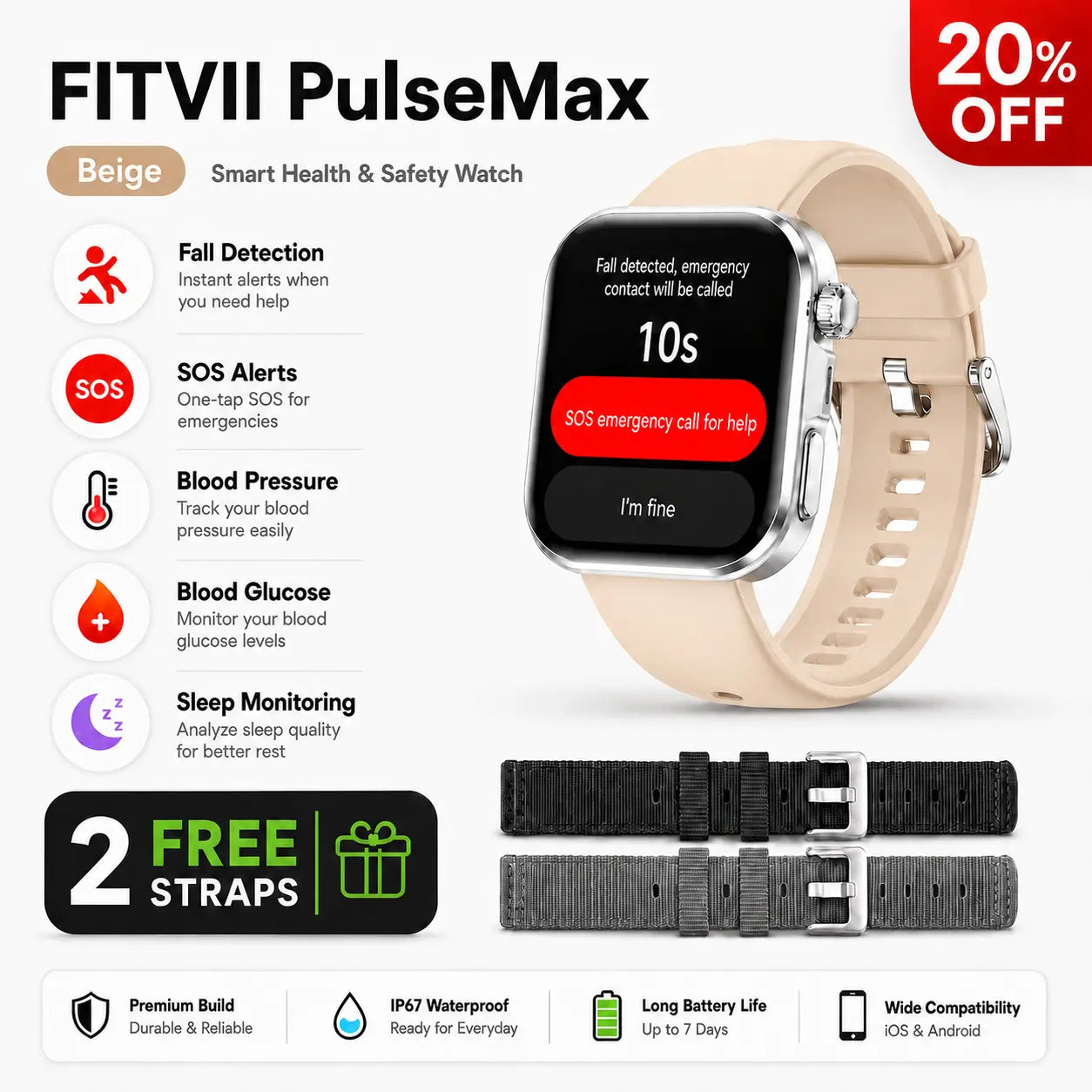 Beige smart health and safety watch with a silver-toned case, shown alongside two black replacement straps and promotional text highlighting features like fall detection, SOS alerts, blood pressure tracking, sleep monitoring, and a 20% off discount.