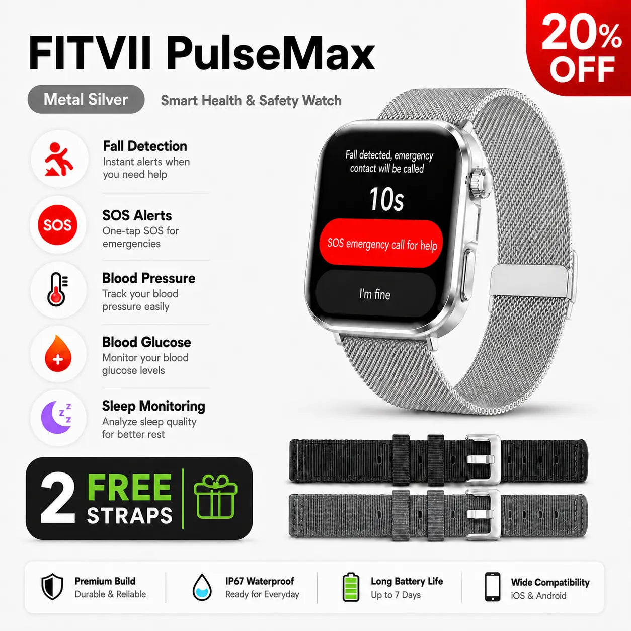 Silver Fitvii PulseMax smart health and safety watch with a metal mesh band, shown alongside two black replacement straps and promotional text including a 20% off badge and feature icons.