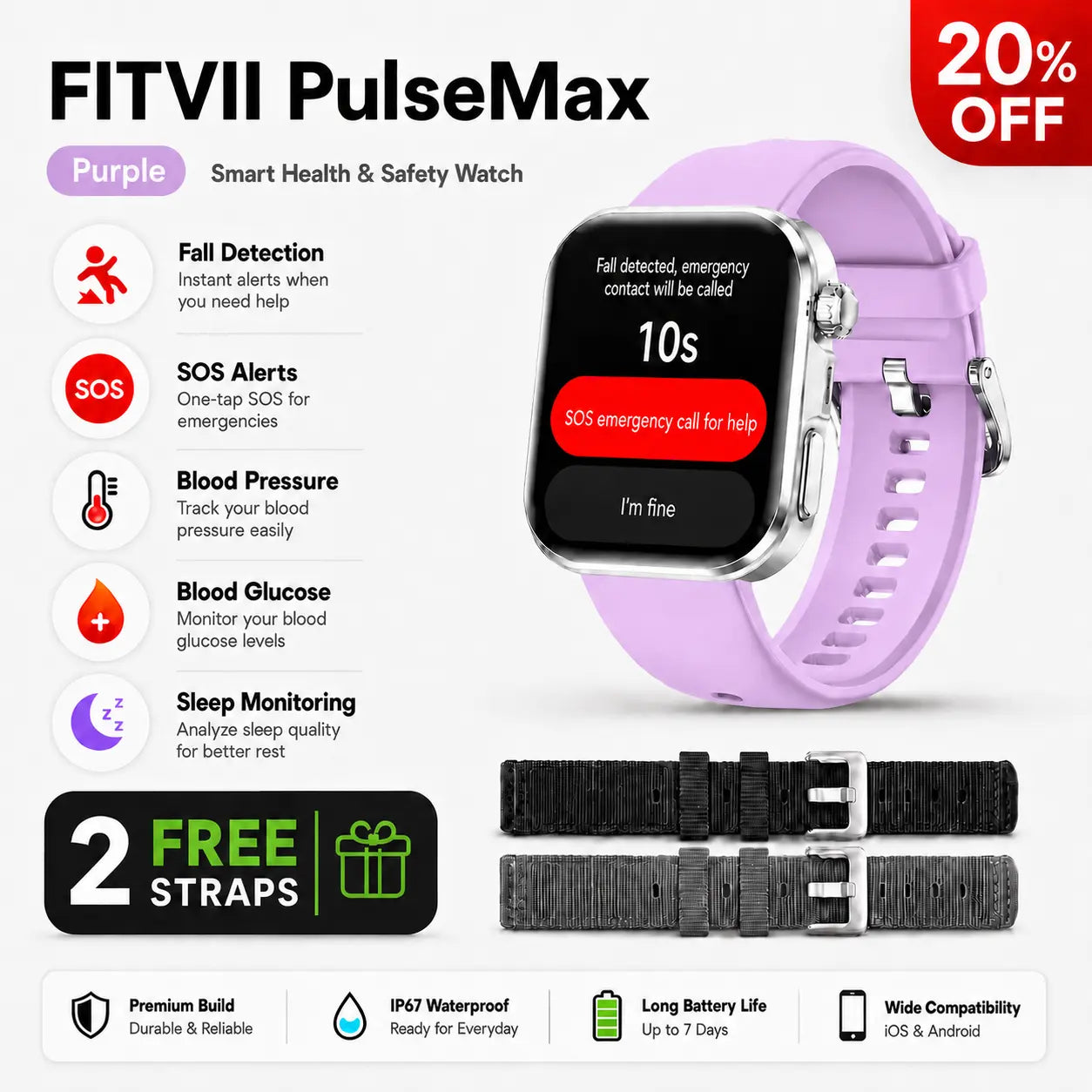 Purple smart health and safety watch band shown on a smartwatch, with two black replacement straps below and feature callouts including fall detection, SOS alerts, blood pressure tracking, blood glucose monitoring, sleep monitoring, 20% off, and FITVII PulseMax branding.