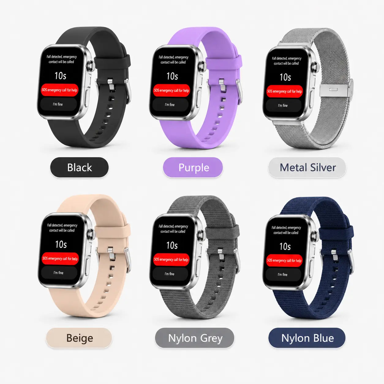 Six smartwatch band color options arranged in a 2x3 grid on a light gray background, each shown attached to a silver smartwatch with a label underneath: Black, Purple, Metal Silver, Beige, Nylon Grey, and Navy.