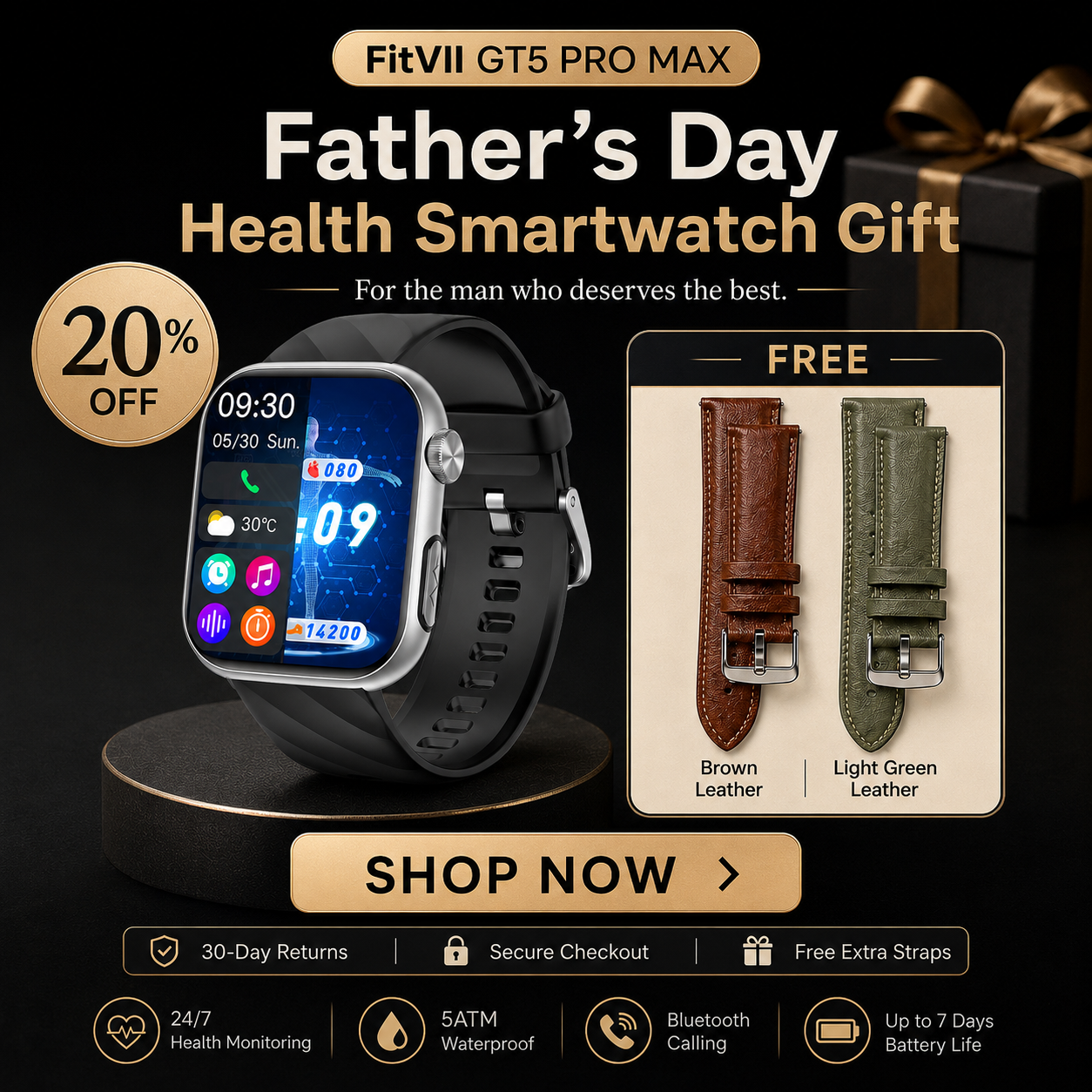 Father's Day Gift - Fitvii® Upgrade GT5 PRO MAX Health Smartwatch With SOS+BP+BG+HR+ECG+TEMP+SPO2+Calls Fitness Tracker