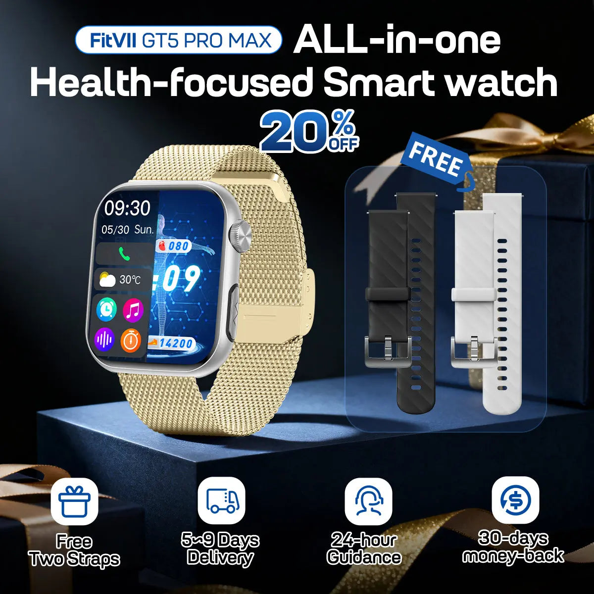 Fitvii ECG Smartwatch With AI Health Analysis BP, BG Sleep & More fitvii