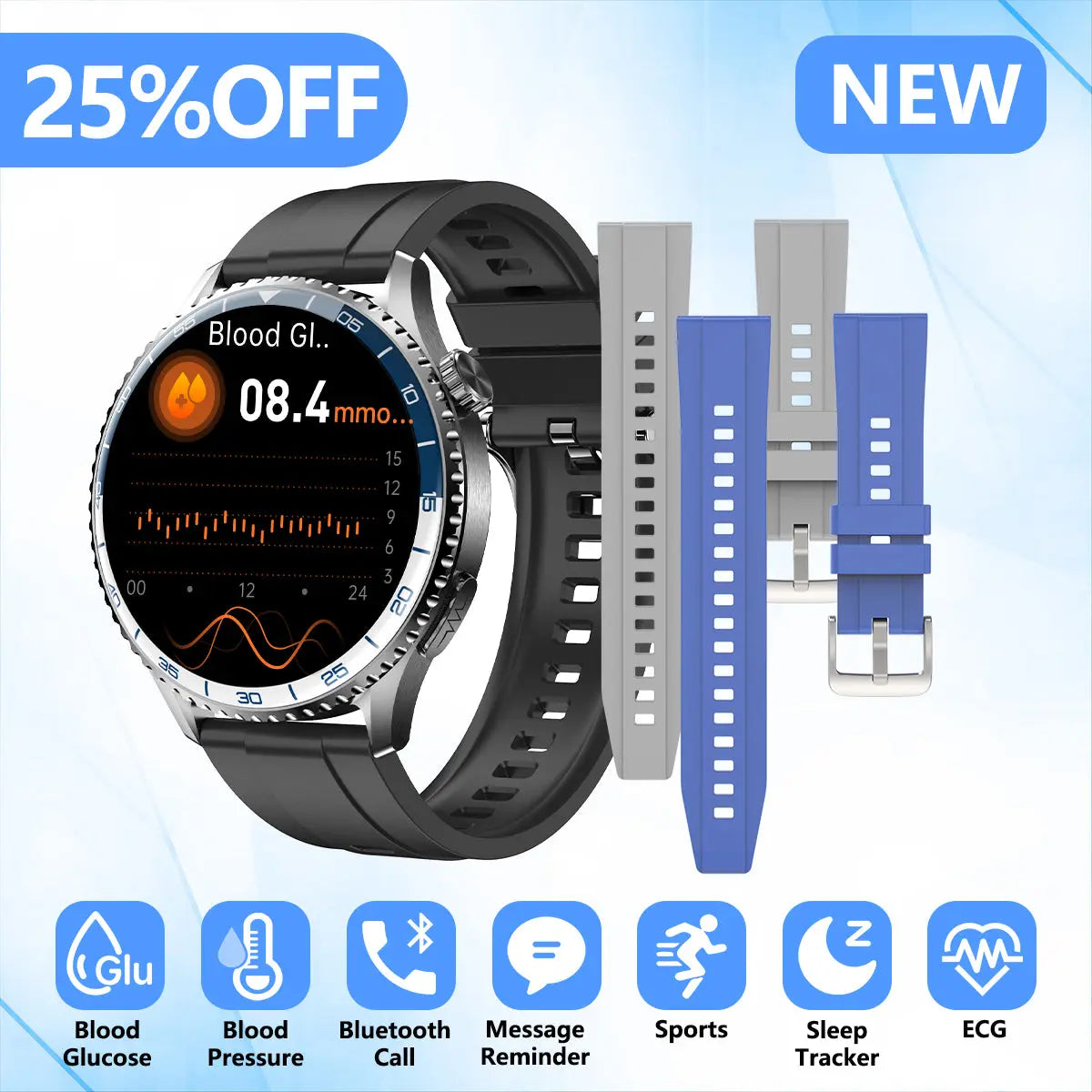 Fitvii® Women Health Smartwatch With  Blood Pressure, Blood Glucose, HRV, EKG, SOS, Spo2, Sleep, Calls and Sport Tracker Reminder fitvii