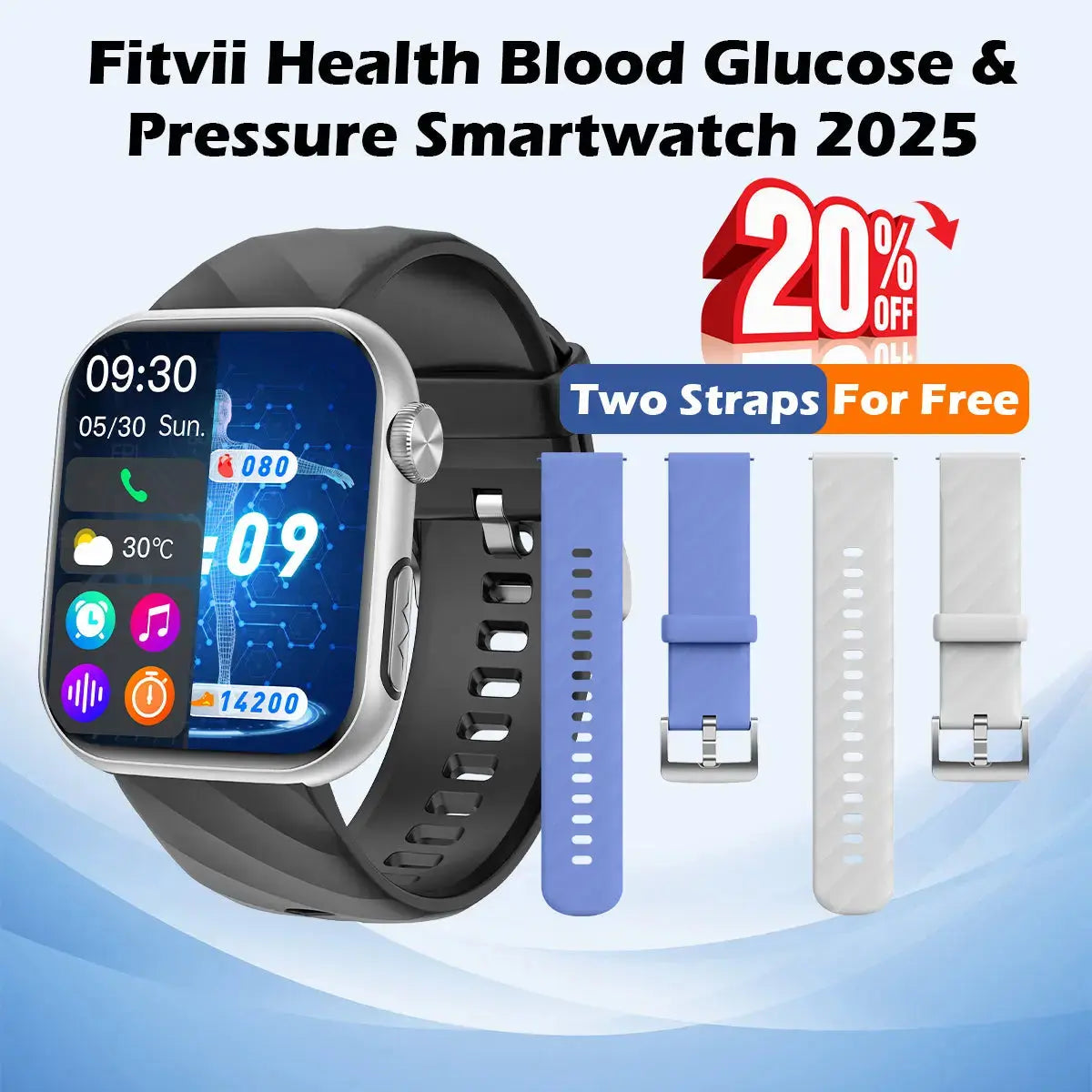 Upgrade FITVII® GT5 PRO MAX Blood Pressure Watch With Heart Rate Blood Glucose Monitor Calls Smartwatch