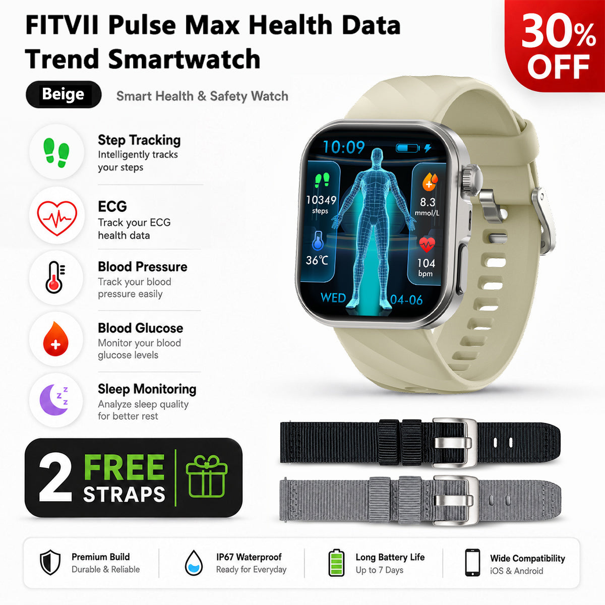 FitVII PulseMax Smart Watch With Blood Glucose Blood Presssure Monitoring+Calls -🎁Free Straps