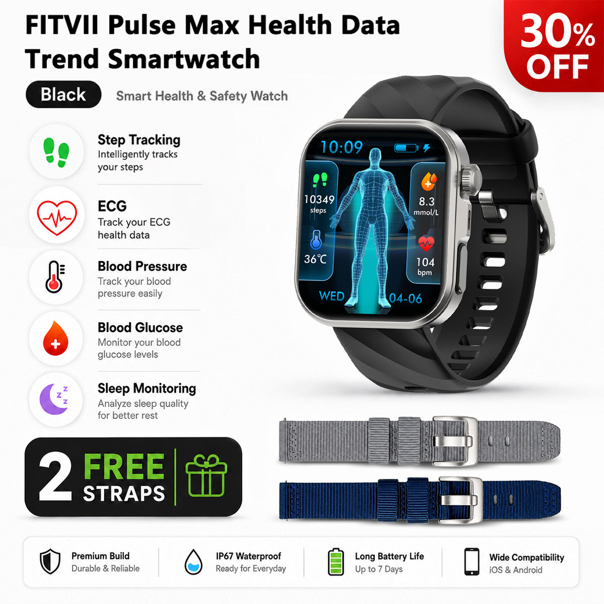 FitVII PulseMax Smart Watch With Blood Glucose Blood Presssure Monitoring+Calls -🎁Free Straps