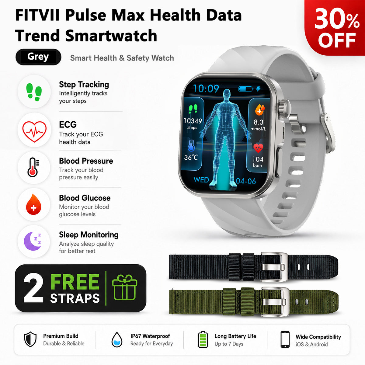 FitVII PulseMax Smart Watch With Blood Glucose Blood Presssure Monitoring+Calls -🎁Free Straps