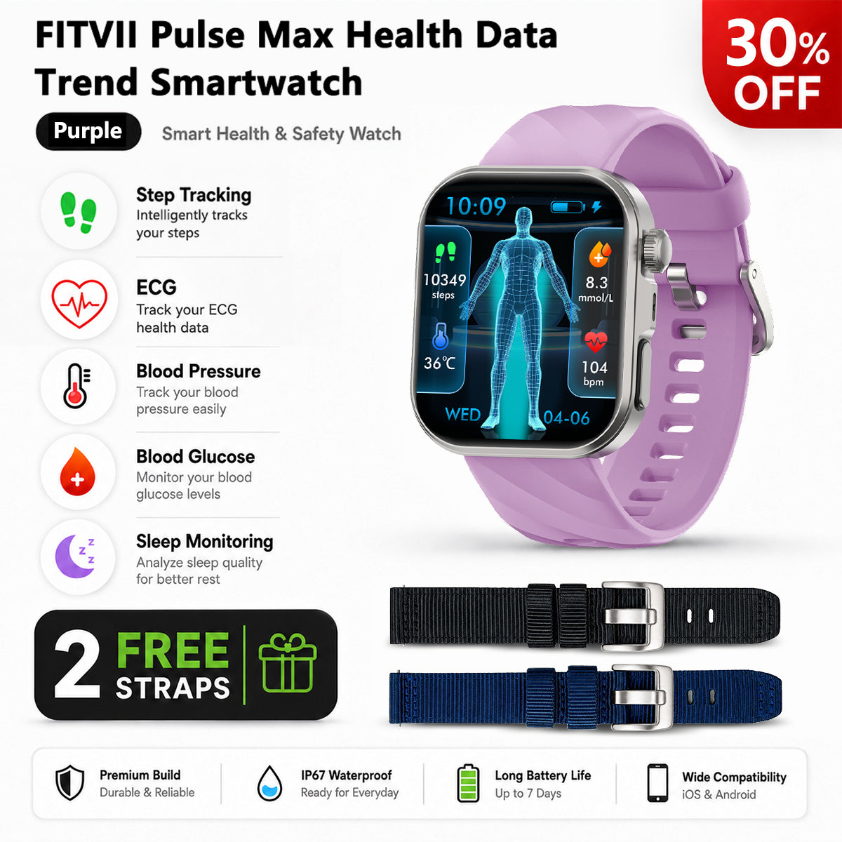 FitVII PulseMax Smart Watch With Blood Glucose Blood Presssure Monitoring+Calls -🎁Free Straps
