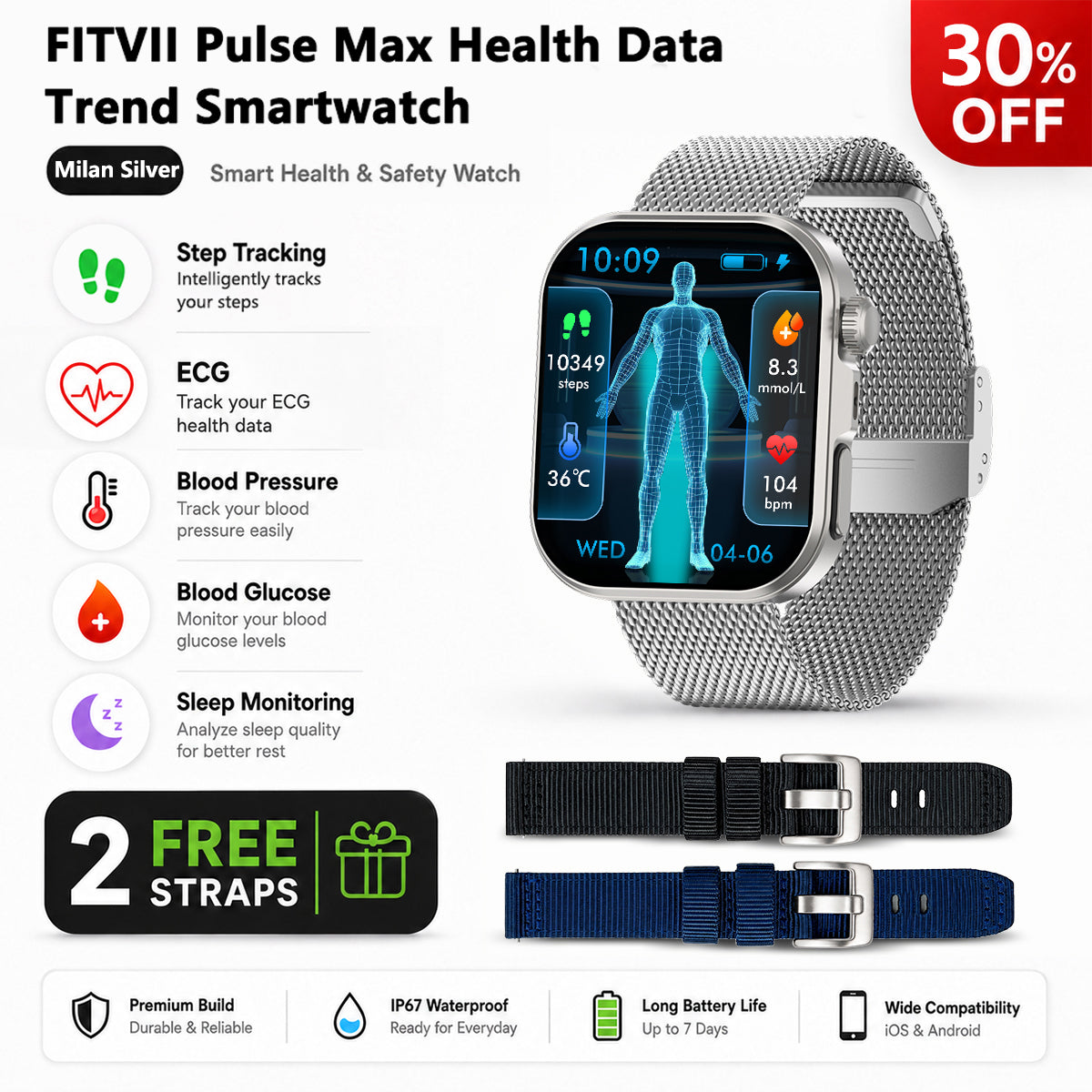 FitVII PulseMax Smart Watch With Blood Glucose Blood Presssure Monitoring+Calls -🎁Free Straps