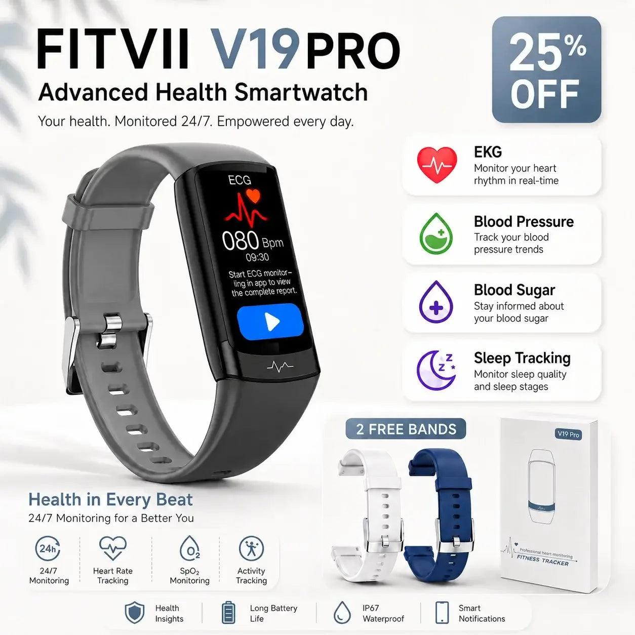 Monitor de salud y actividad física V19PRO con ECG, frecuencia cardíaca, presión arterial y control de glucosa en sangre (actualización de 2026)