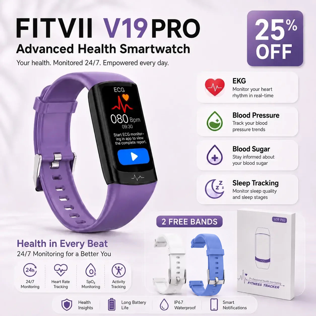 Monitor de salud y actividad física V19PRO con ECG, frecuencia cardíaca, presión arterial y control de glucosa en sangre (actualización de 2026)