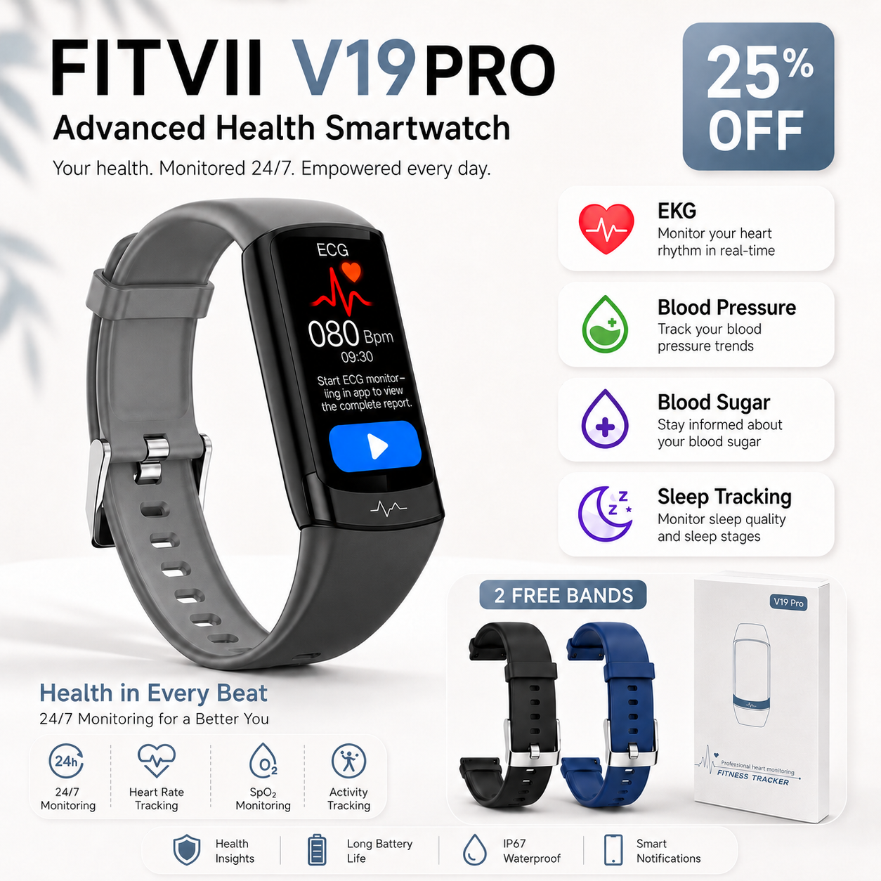 V19PRO Health & Fitness Tracker With ECG, HR, Blood Pressure and Blood Sugar Monitoring-2026 Upgrade