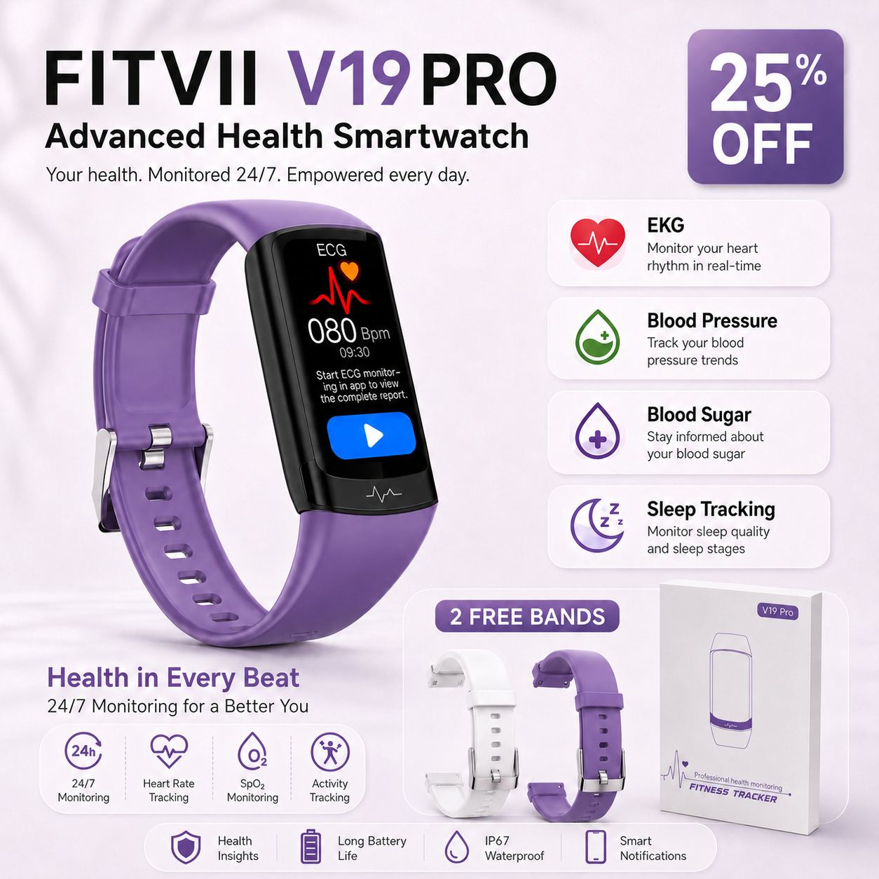 V19PRO Health & Fitness Tracker With ECG, HR, Blood Pressure and Blood Sugar Monitoring-2026 Upgrade
