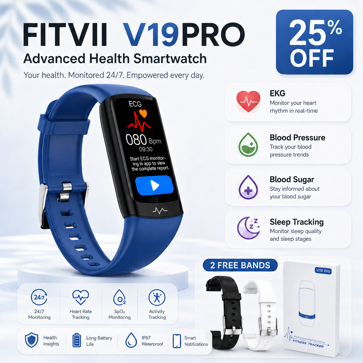 V19PRO Health & Fitness Tracker With ECG, HR, Blood Pressure and Blood Sugar Monitoring-2026 Upgrade