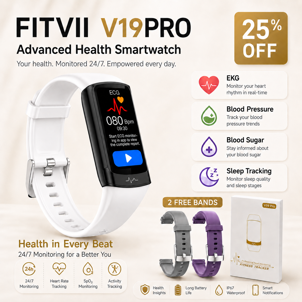 V19PRO Health & Fitness Tracker With ECG, HR, Blood Pressure and Blood Sugar Monitoring-2026 Upgrade