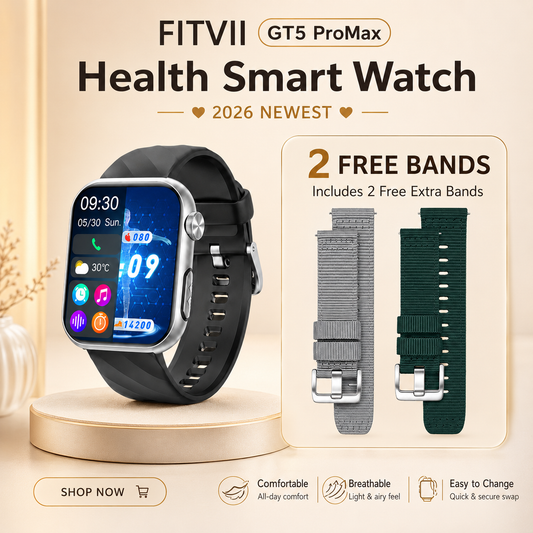 Upgrade FITVII® GT5 Pro Max Blood Pressure Smartwatch with EKG, Glucose Trends, HRV, SpO₂, Sleep & More