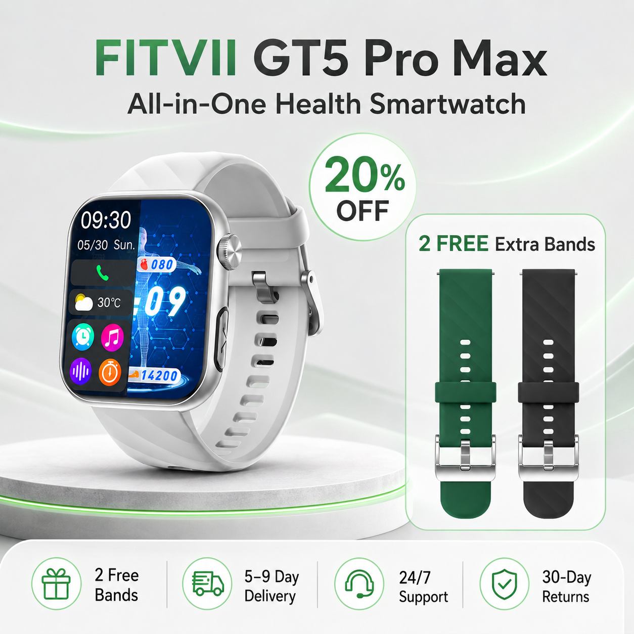 FITVII GT5 Pro Max Blood Pressure, ECG & Glucose Trends Smartwatch