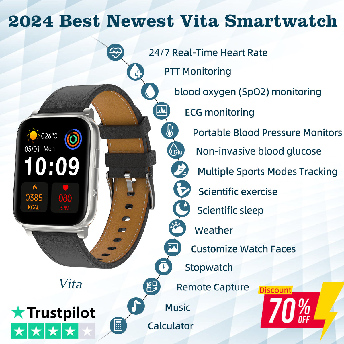 2024 Best FITVII® Newest Vita Smartwatch with BP+24/7PTT+HR+ECG+ BG+SpO2 Health Monitoring🔥