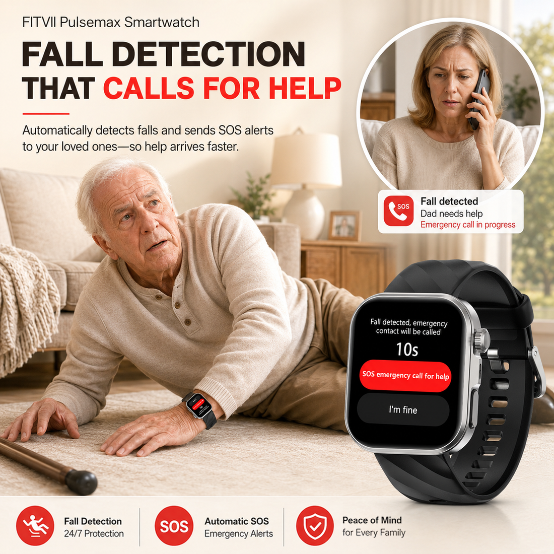 Pulsemax fall detection alert screen