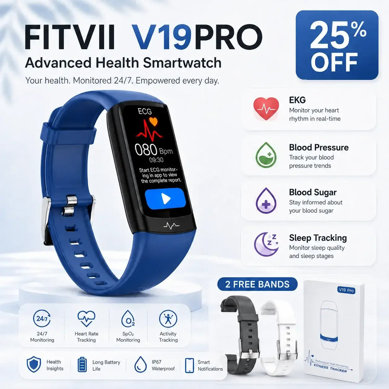 Monitor de salud y actividad física V19PRO con ECG, frecuencia cardíaca, presión arterial y control de glucosa en sangre (actualización de 2026)
